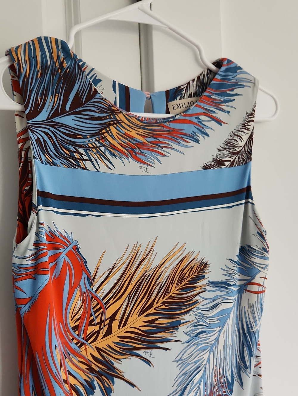 Emilio Pucci Feather-Print Dress in Light Blue, Coral And Orange